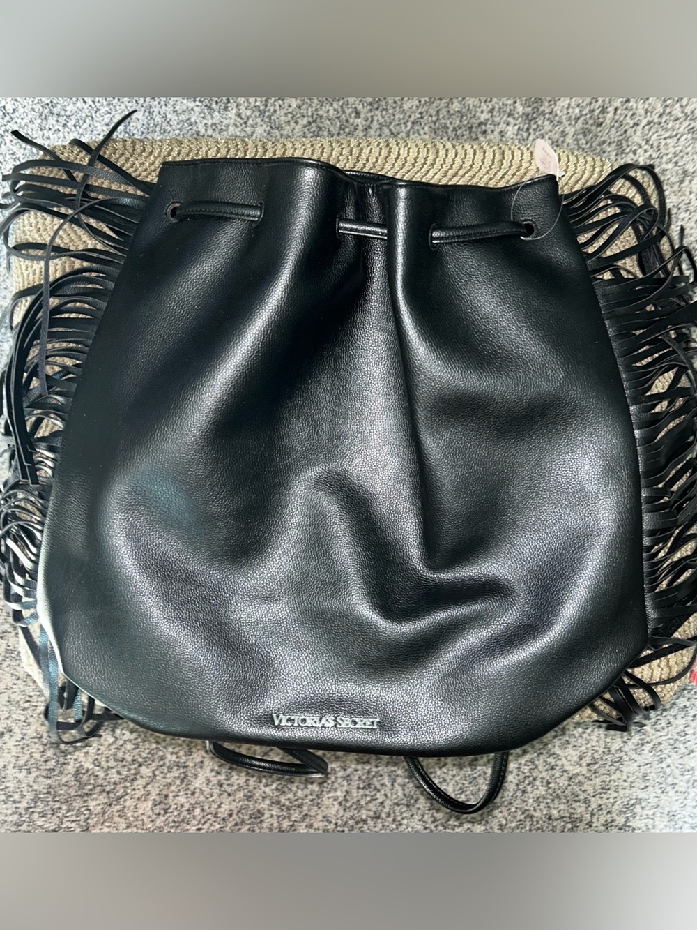 Victoria's Secret Black Fringe Drawstring Backpack